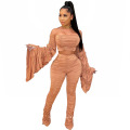 Popular Sexy off Shoulder Women Clothing Puff Sleeve Stacked Pants Two Piece Set